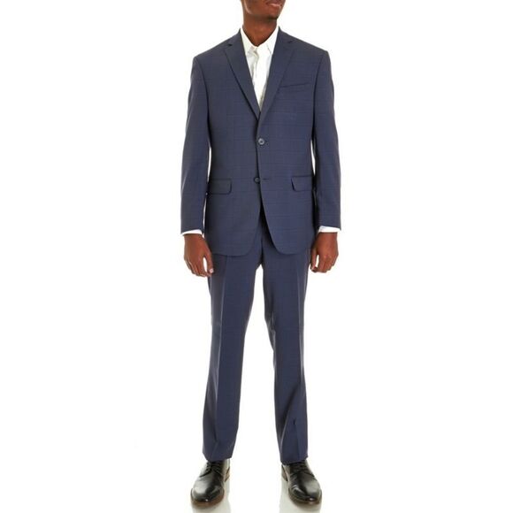 New! MARC NEW YORK Men's Windowpane Designer Suit Set Jacket Pant Blue 40REG/33W